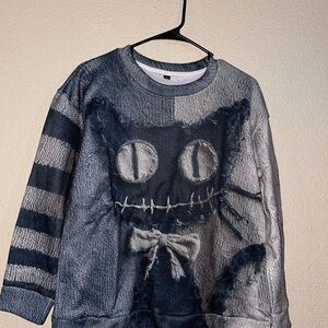 Distressed Cat Applique Sweatshirt - Charcoal/Light Gray